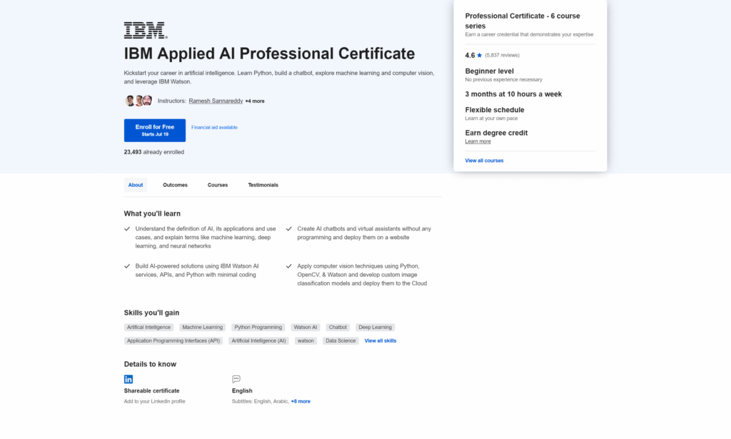 IBM Applied AI Professional Certificate – Course