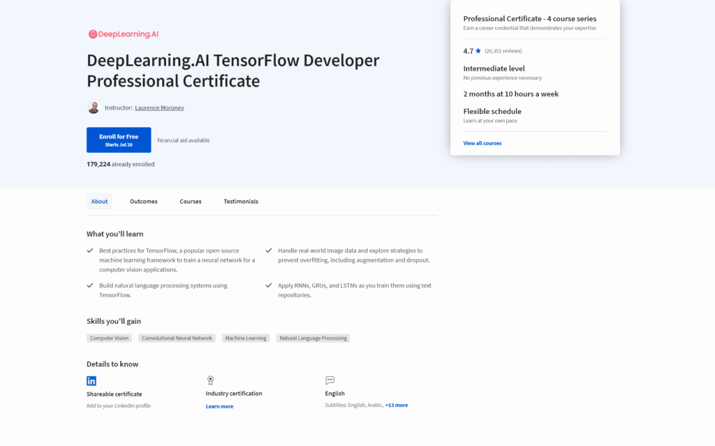 DeepLearning.AI TensorFlow Developer Professional Certificate